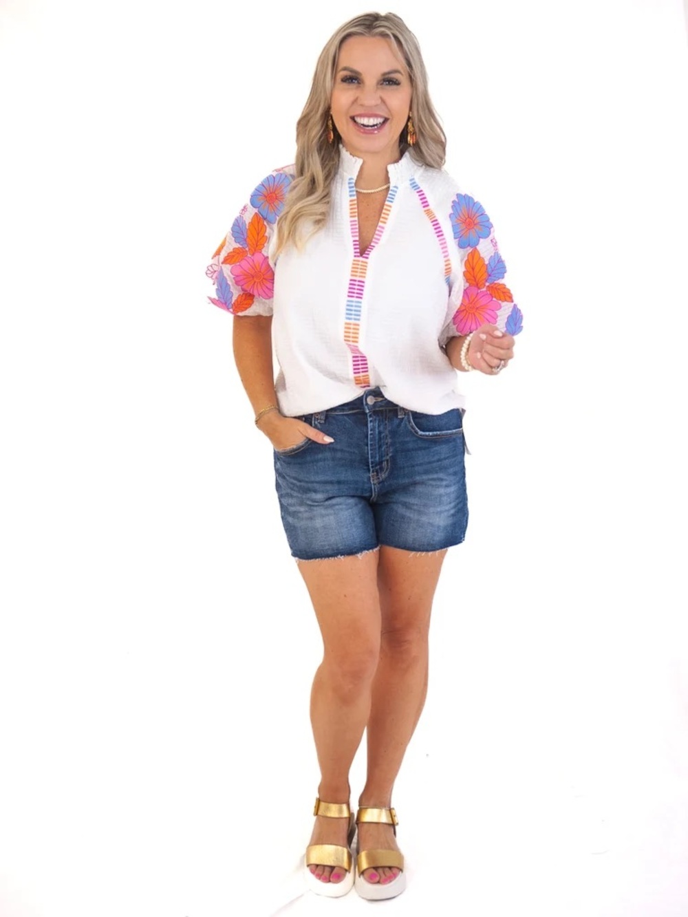 THML Floral Embroidered Puff Sleeves Ruffle Neck Texture Popover Top Size Small - Picture 8 of 8